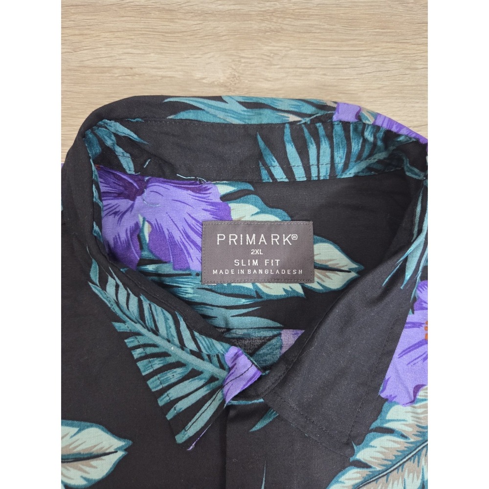Primark Slim Fit Black Hawaiian Button Short Sleeve Shirt 2XL Purple Hibiscus - Picture 3 of 10